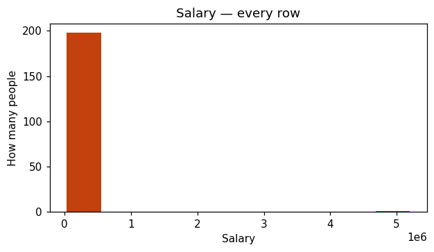 Histogram of raw salary: one bar of nearly 200 people near zero and a barely visible sliver out at 5 million.